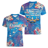 Happy Diwali Festival Women V-Neck T-Shirt Diya Lamp Rangoli With Polynesian Pattern LT05 - Polynesian Pride