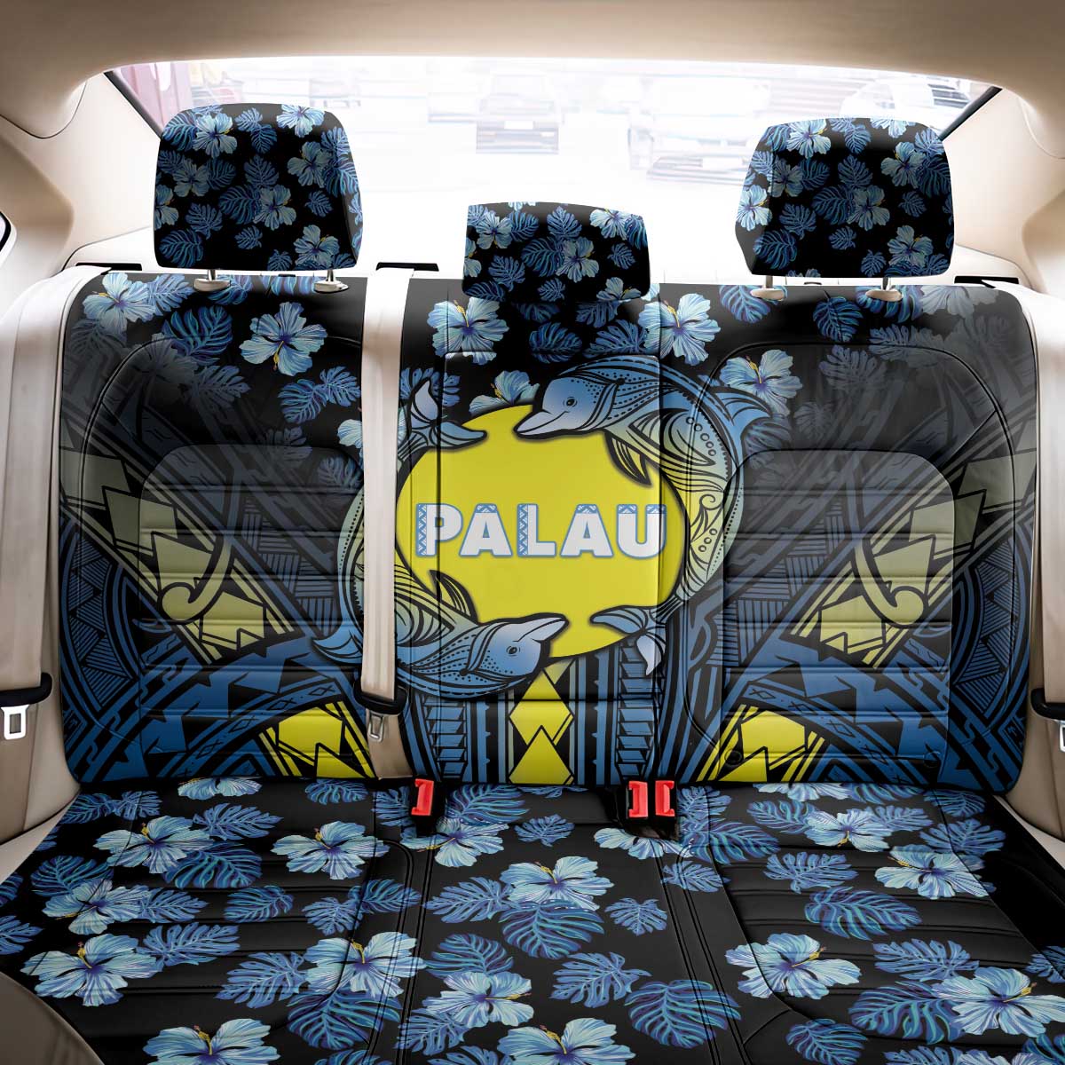 Palau Back Car Seat Cover Polynesian Dolphin Tropical Hibiscus Style