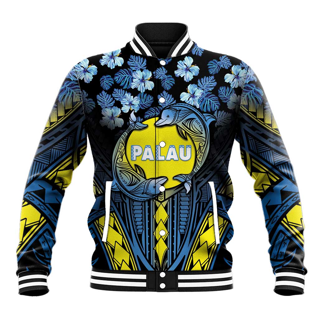 Personalised Palau Baseball Jacket Polynesian Dolphin Tropical Hibiscus Style