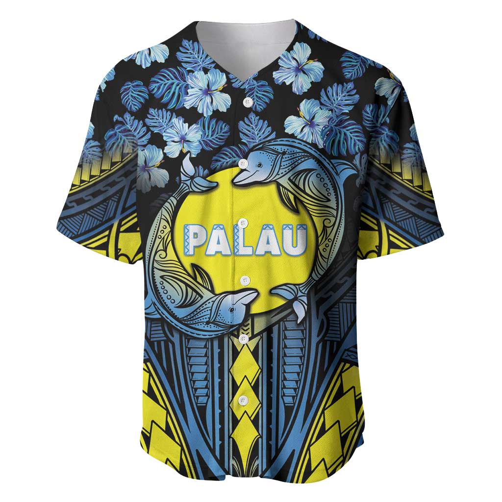 Personalised Palau Baseball Jersey Polynesian Dolphin Tropical Hibiscus Style