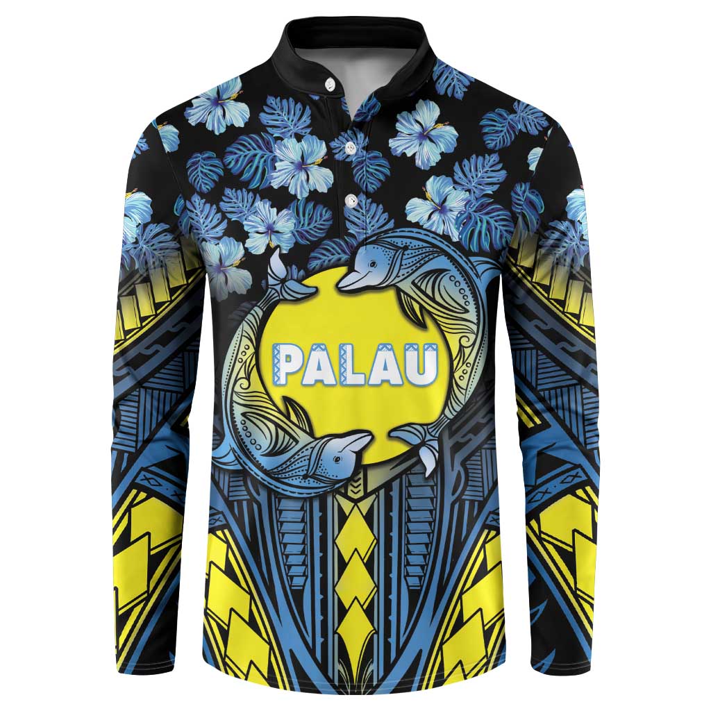 Personalised Palau Button Sweatshirt Polynesian Dolphin Tropical Hibiscus Style