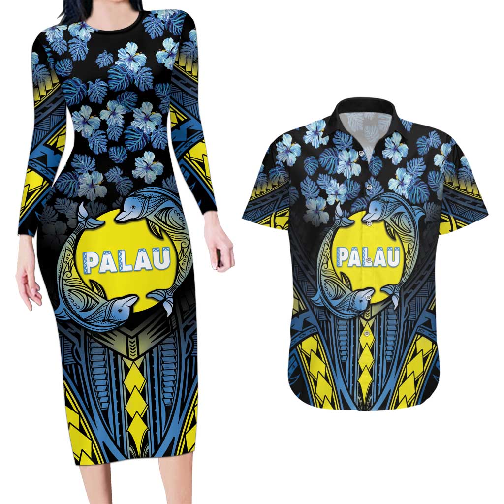 Personalised Palau Couples Matching Long Sleeve Bodycon Dress and Hawaiian Shirt Polynesian Dolphin Tropical Hibiscus Style