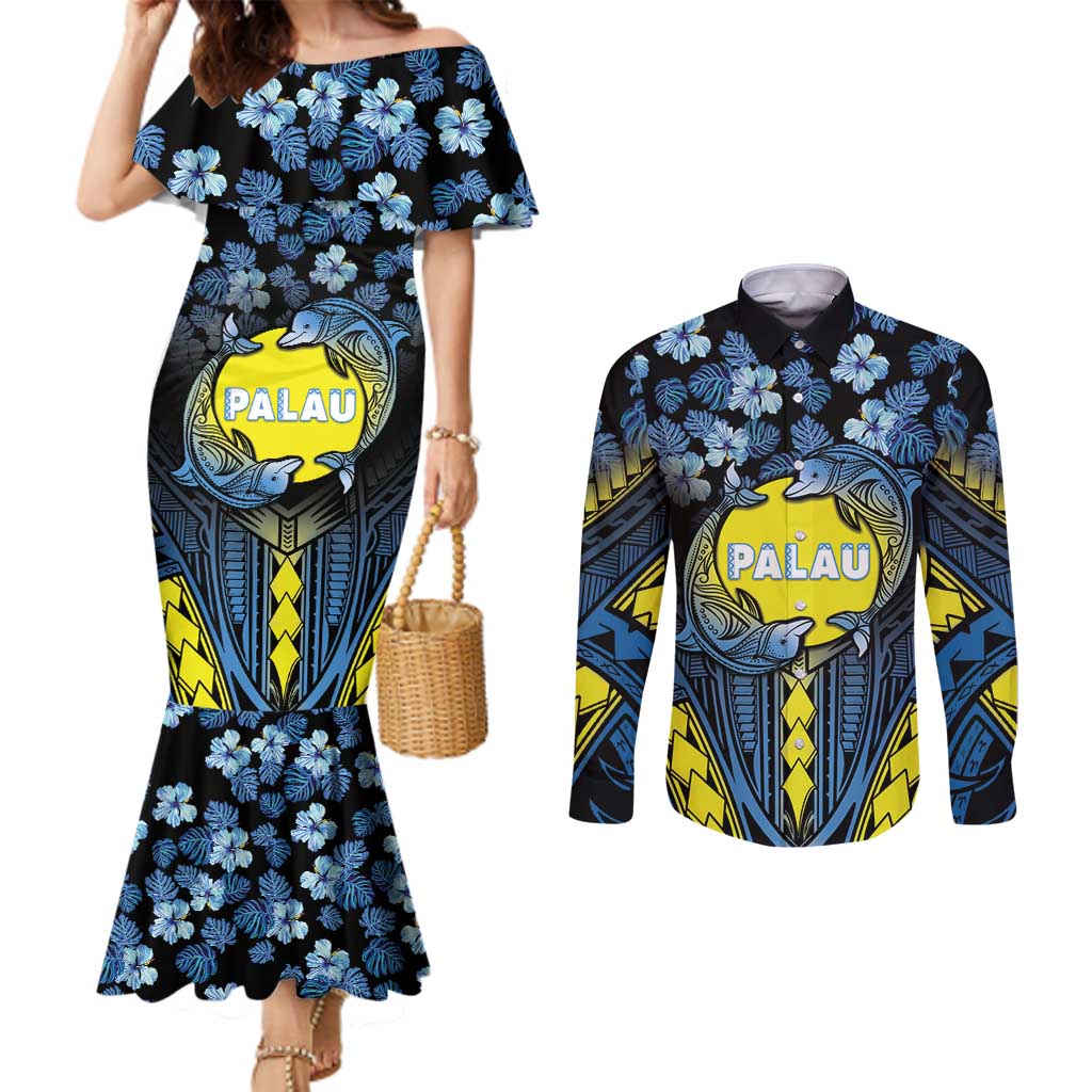 Personalised Palau Couples Matching Mermaid Dress and Long Sleeve Button Shirt Polynesian Dolphin Tropical Hibiscus Style