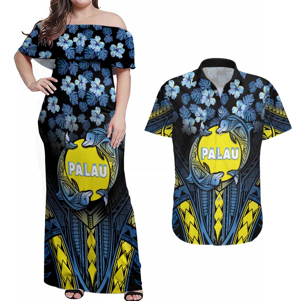 Personalised Palau Couples Matching Off Shoulder Maxi Dress and Hawaiian Shirt Polynesian Dolphin Tropical Hibiscus Style