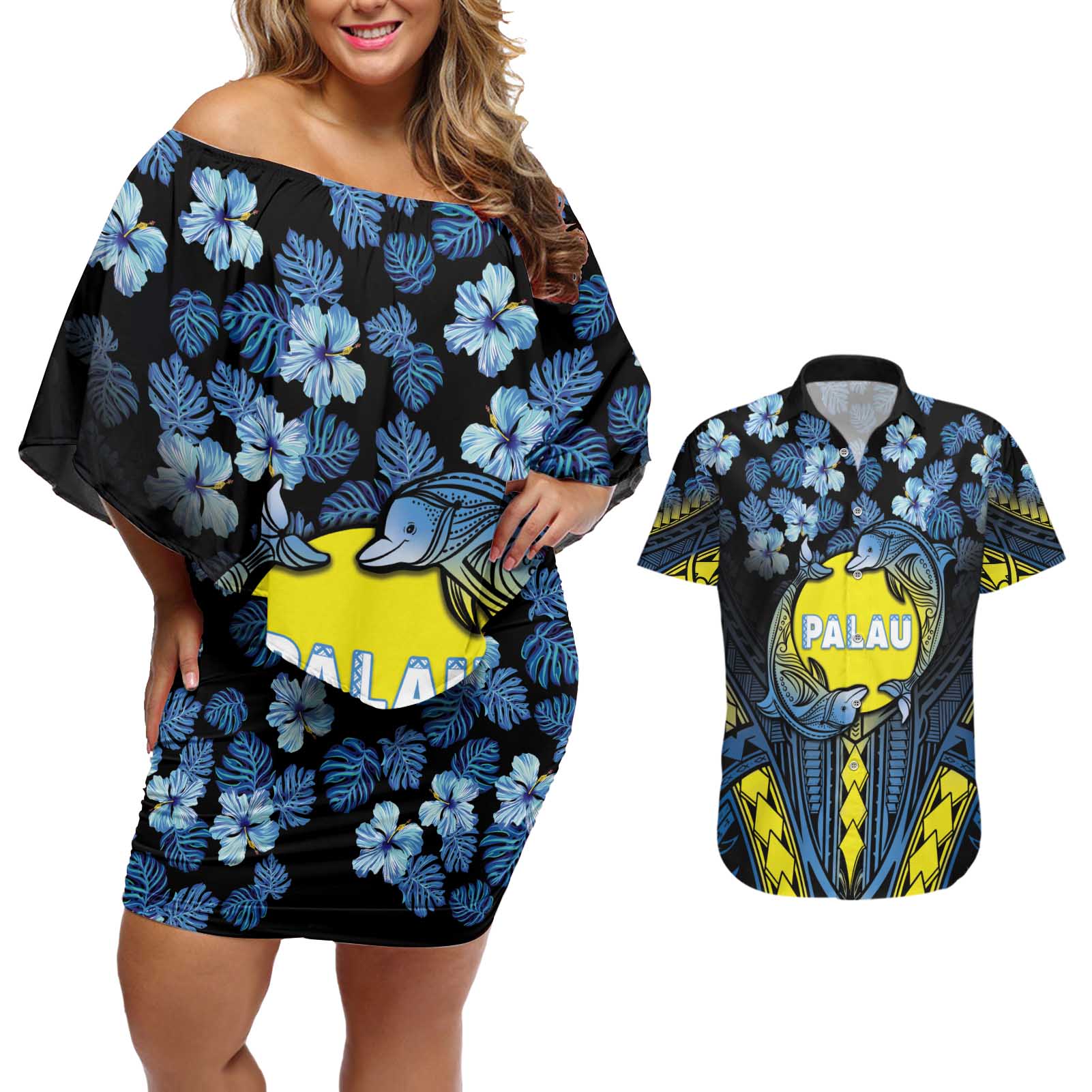 Personalised Palau Couples Matching Off Shoulder Short Dress and Hawaiian Shirt Polynesian Dolphin Tropical Hibiscus Style