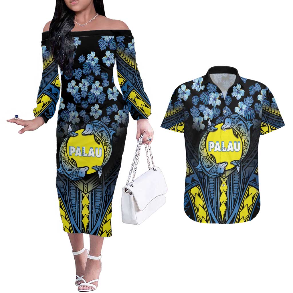 Personalised Palau Couples Matching Off The Shoulder Long Sleeve Dress and Hawaiian Shirt Polynesian Dolphin Tropical Hibiscus Style