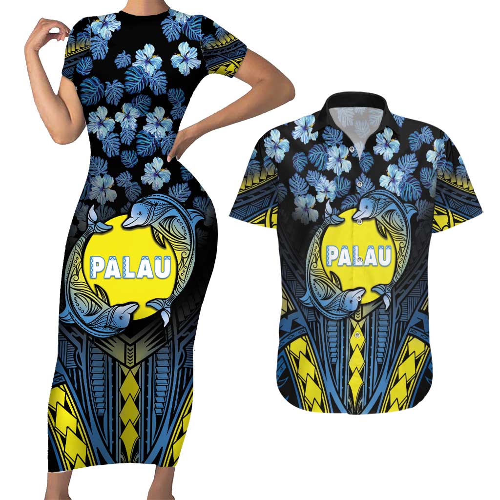 Personalised Palau Couples Matching Short Sleeve Bodycon Dress and Hawaiian Shirt Polynesian Dolphin Tropical Hibiscus Style