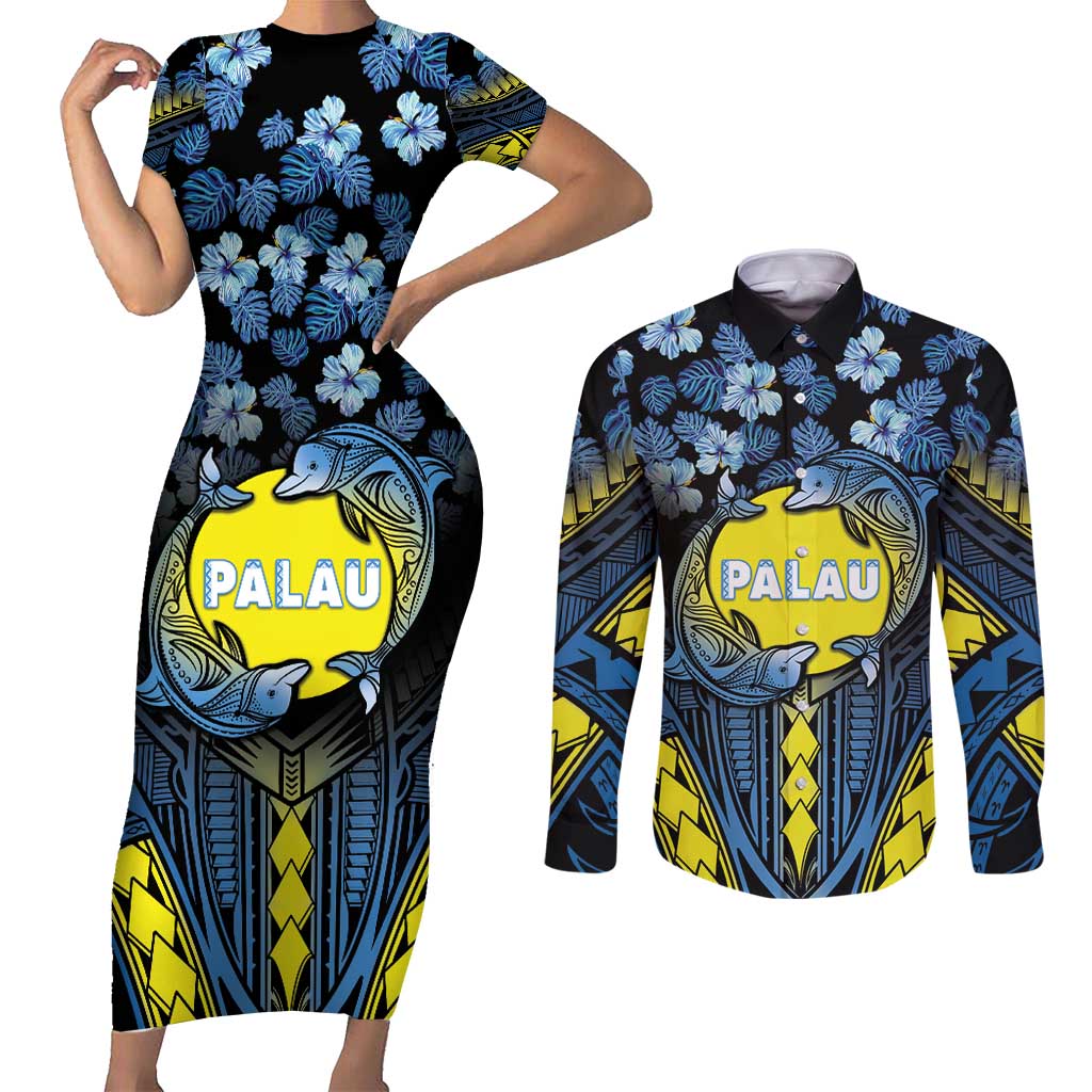 Personalised Palau Couples Matching Short Sleeve Bodycon Dress and Long Sleeve Button Shirt Polynesian Dolphin Tropical Hibiscus Style