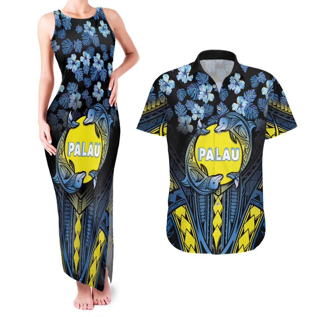 Personalised Palau Couples Matching Tank Maxi Dress and Hawaiian Shirt Polynesian Dolphin Tropical Hibiscus Style