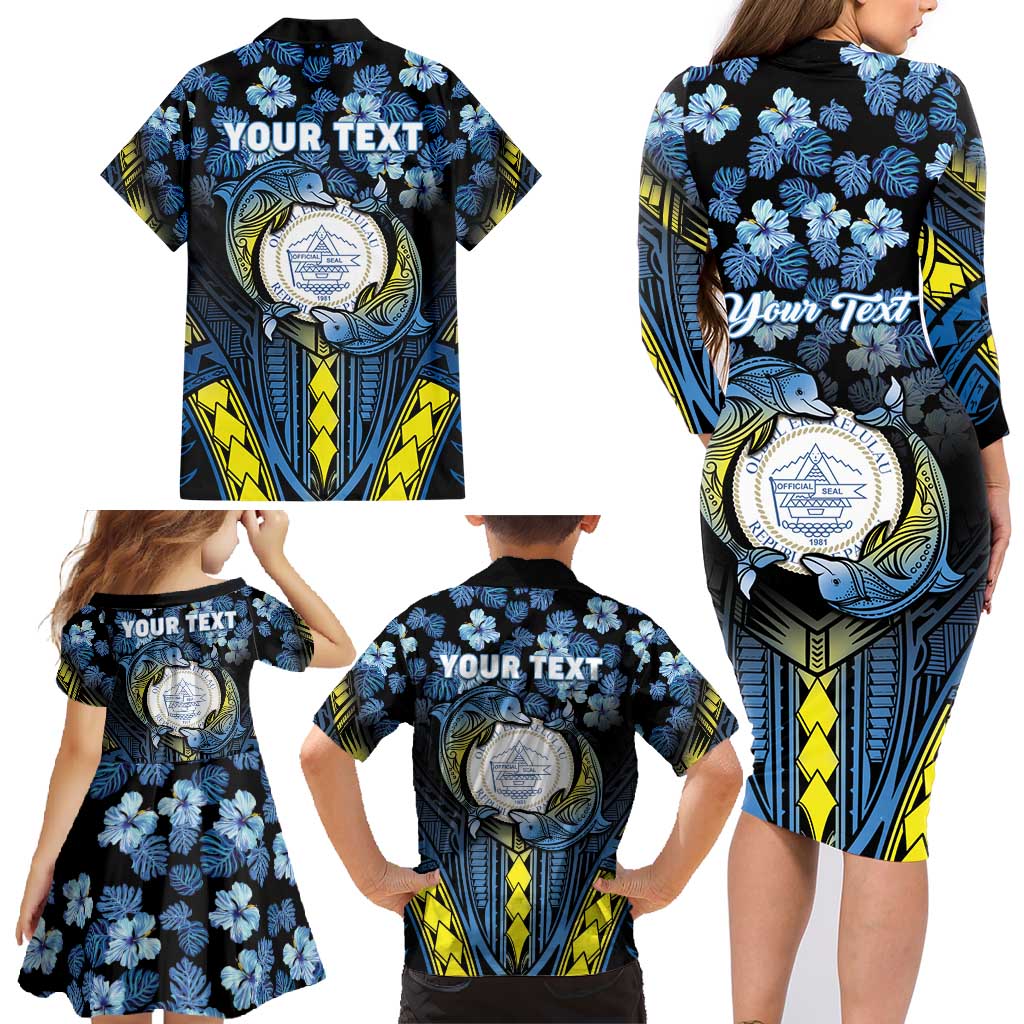 Personalised Palau Family Matching Long Sleeve Bodycon Dress and Hawaiian Shirt Polynesian Dolphin Tropical Hibiscus Style