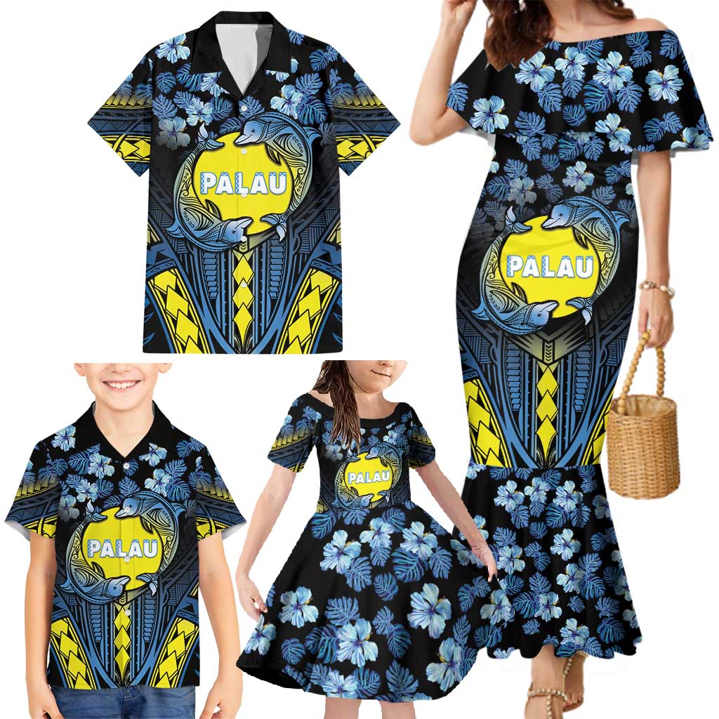 Personalised Palau Family Matching Mermaid Dress and Hawaiian Shirt Polynesian Dolphin Tropical Hibiscus Style