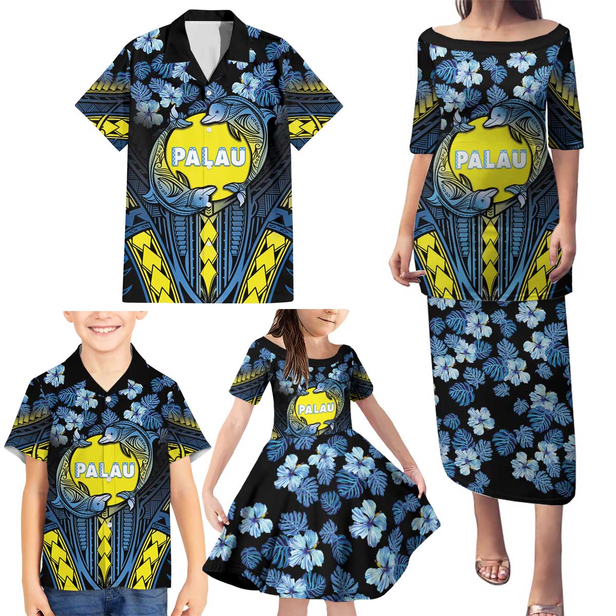 Personalised Palau Family Matching Puletasi and Hawaiian Shirt Polynesian Dolphin Tropical Hibiscus Style