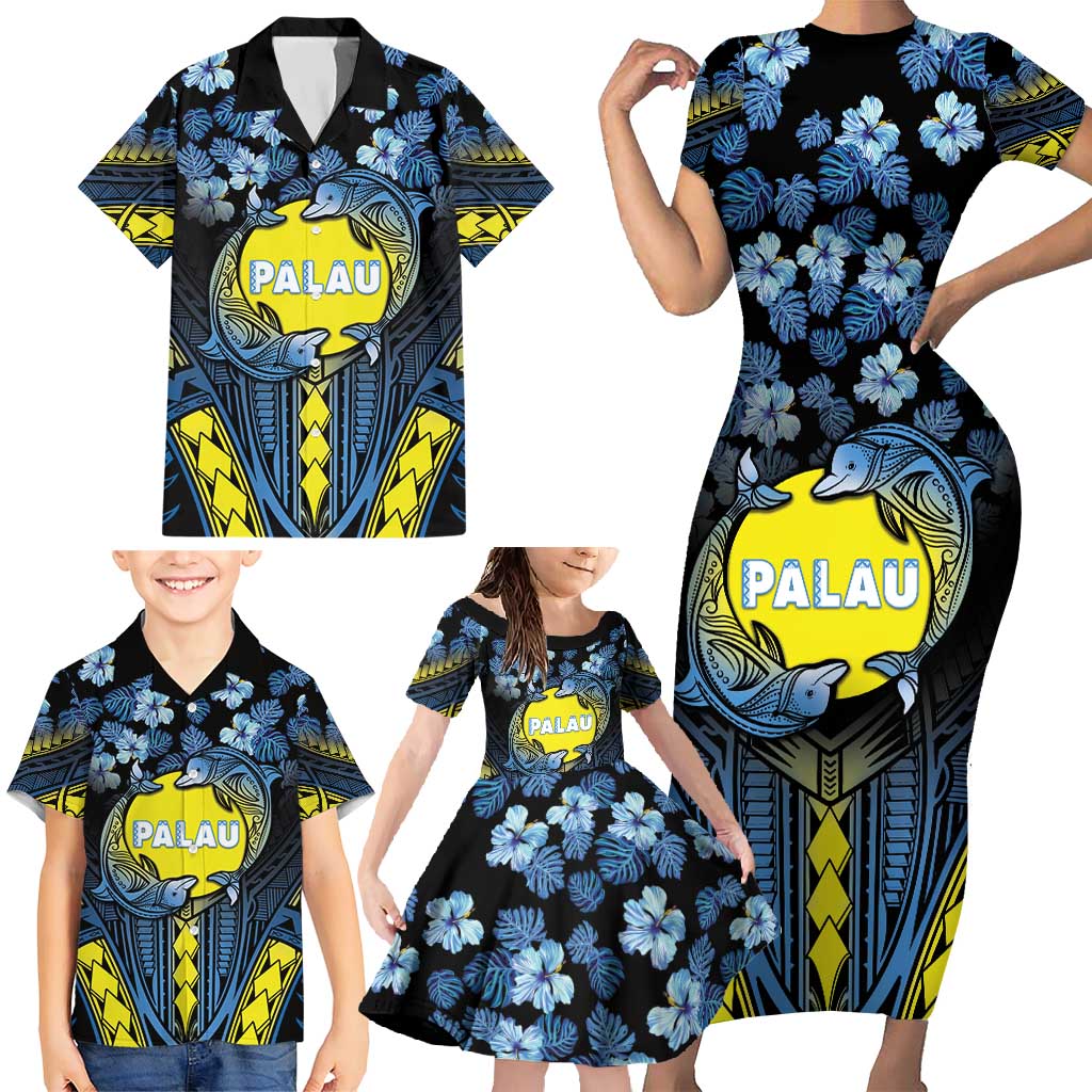 Personalised Palau Family Matching Short Sleeve Bodycon Dress and Hawaiian Shirt Polynesian Dolphin Tropical Hibiscus Style