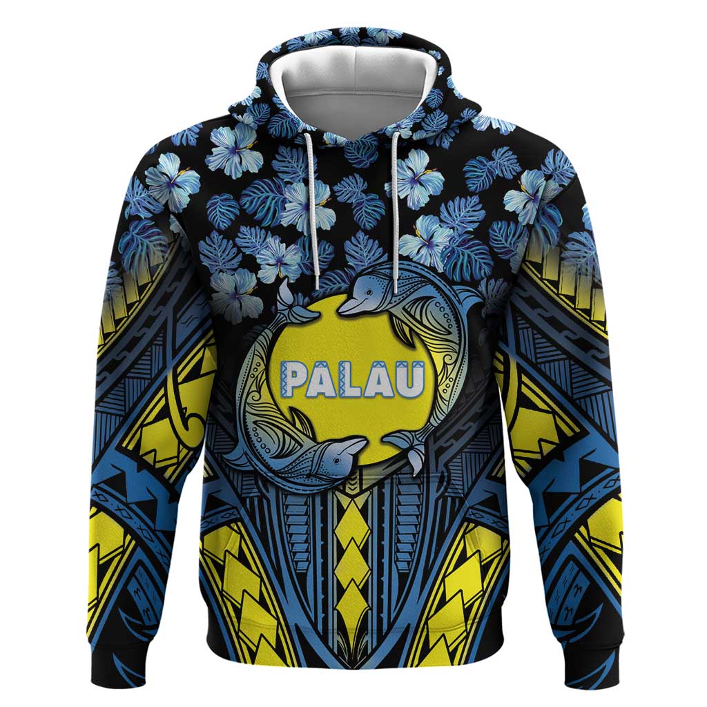 Personalised Palau Hoodie Polynesian Dolphin Tropical Hibiscus Style