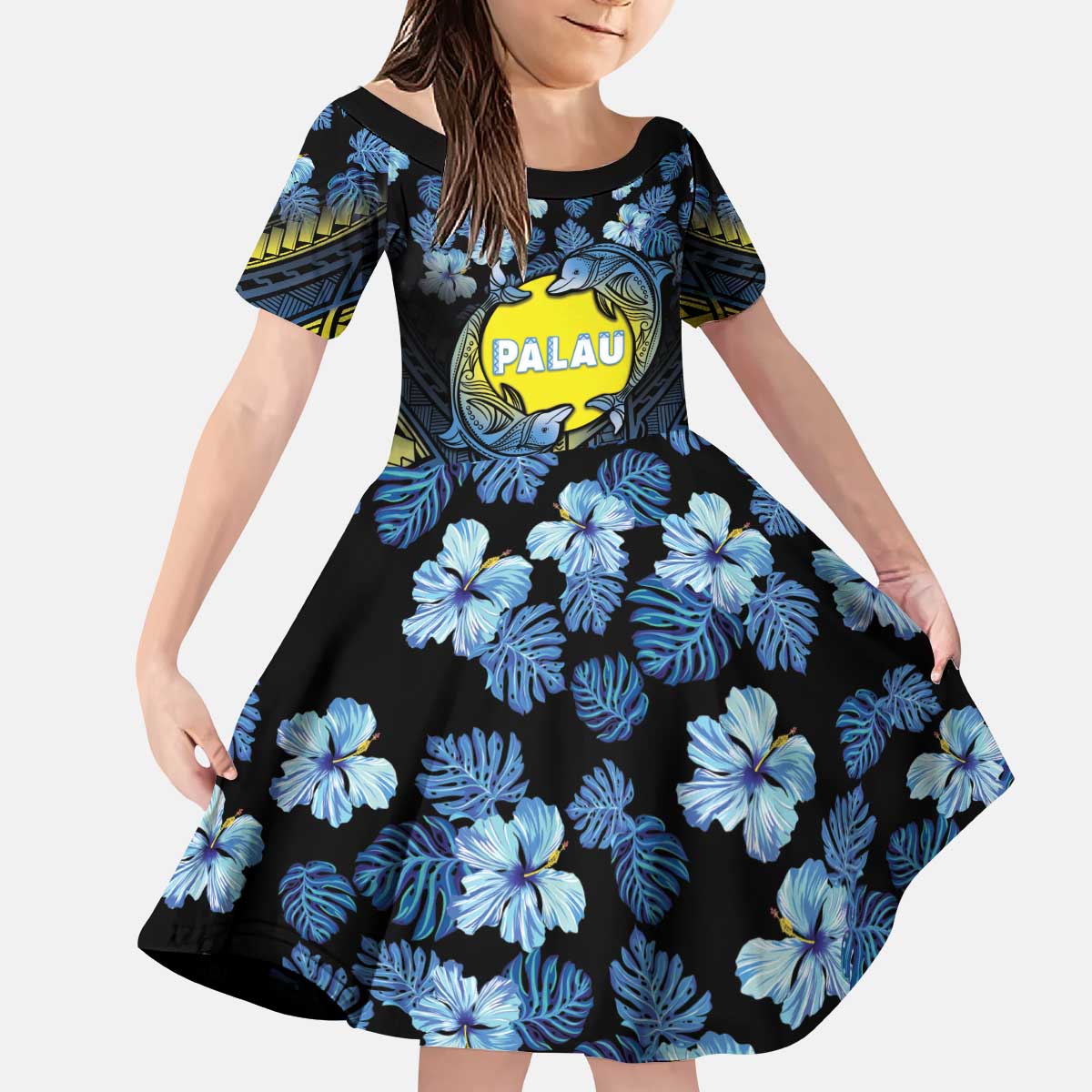 Personalised Palau Kid Short Sleeve Dress Polynesian Dolphin Tropical Hibiscus Style