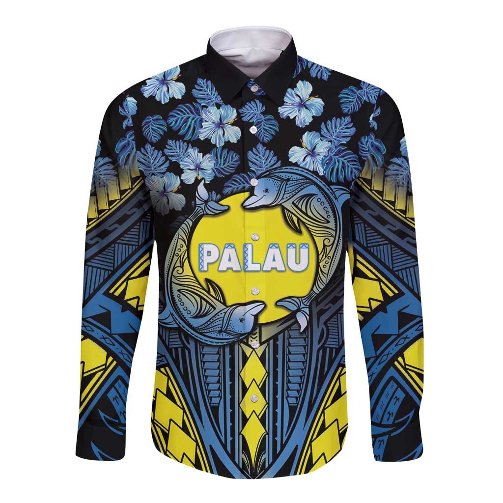 Personalised Palau Long Sleeve Button Shirt Polynesian Dolphin Tropical Hibiscus Style LT05 Unisex Black - Polynesian Pride