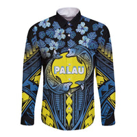 Personalised Palau Long Sleeve Button Shirt Polynesian Dolphin Tropical Hibiscus Style LT05 Unisex Black - Polynesian Pride
