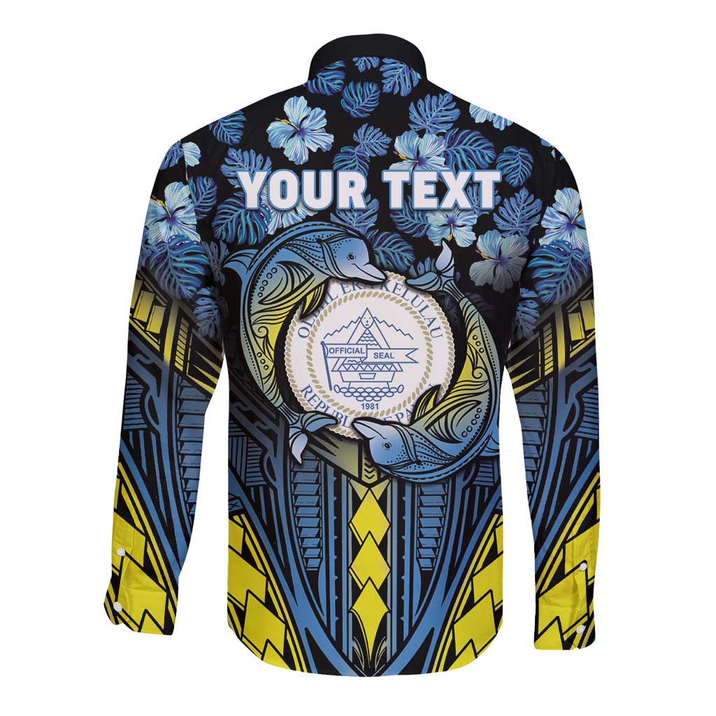 Personalised Palau Long Sleeve Button Shirt Polynesian Dolphin Tropical Hibiscus Style LT05 - Polynesian Pride