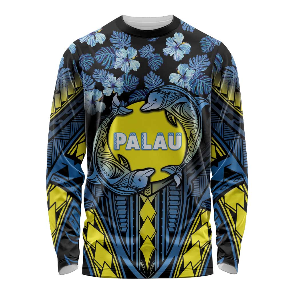 Personalised Palau Long Sleeve Shirt Polynesian Dolphin Tropical Hibiscus Style