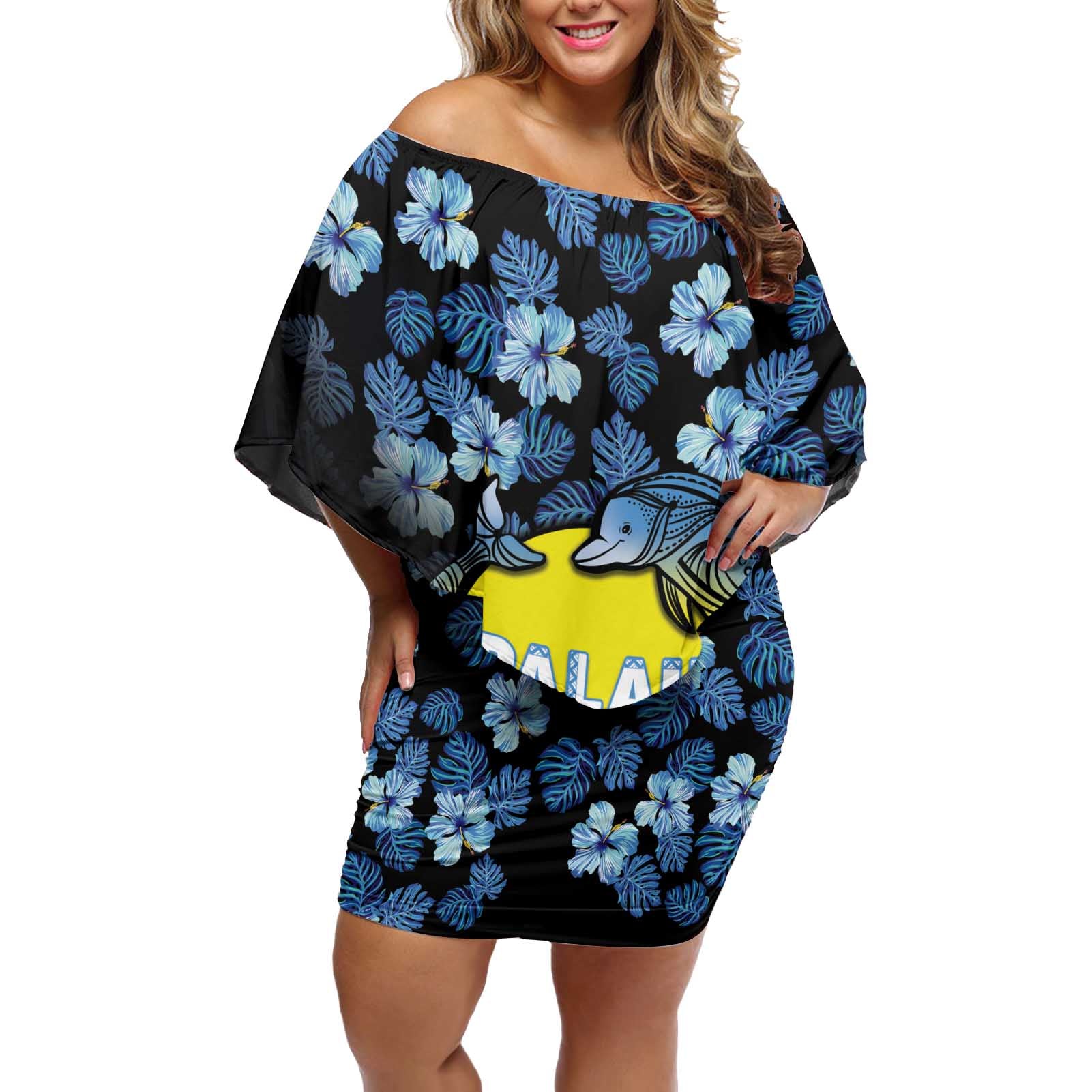 Personalised Palau Off Shoulder Short Dress Polynesian Dolphin Tropical Hibiscus Style