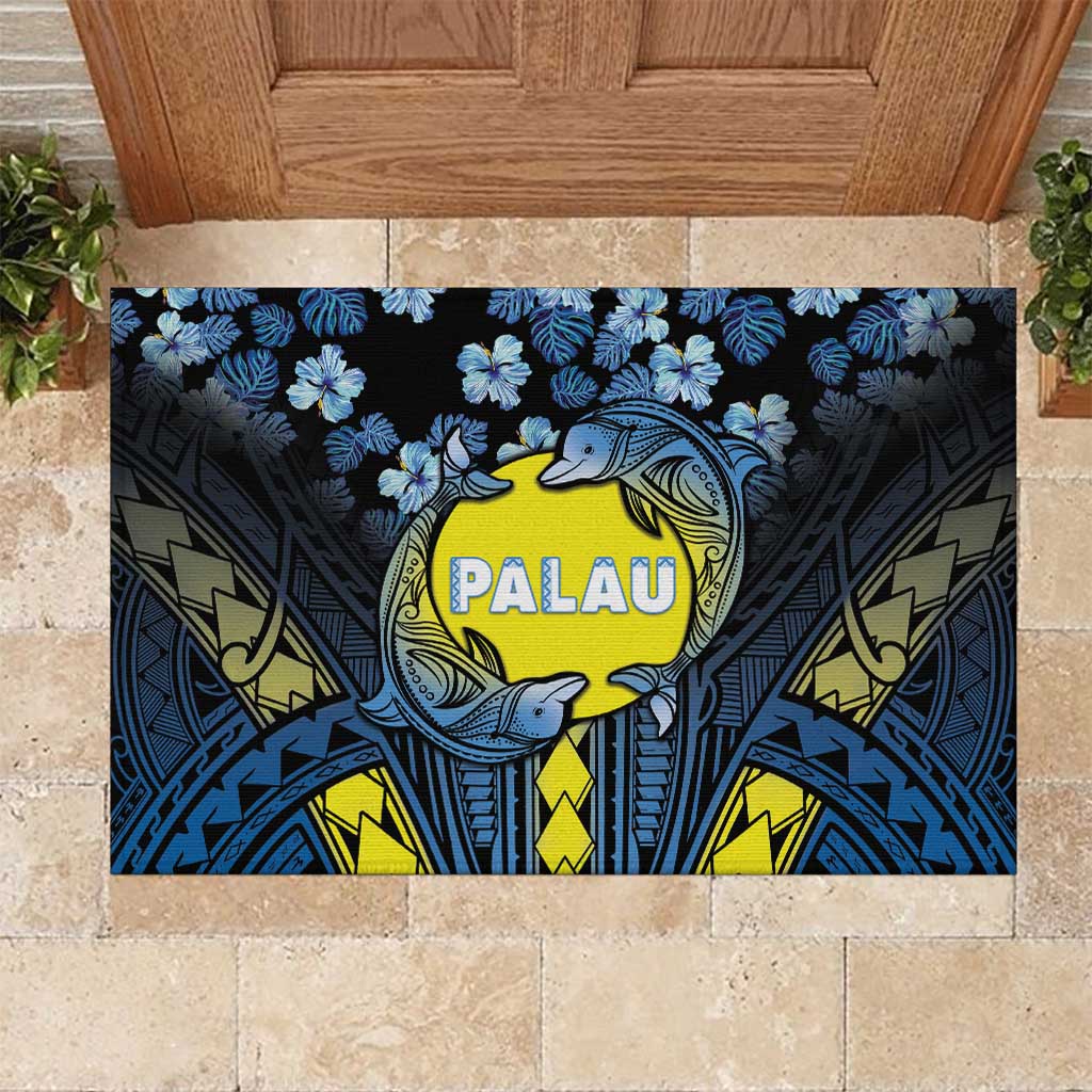 Palau Rubber Doormat Polynesian Dolphin Tropical Hibiscus Style