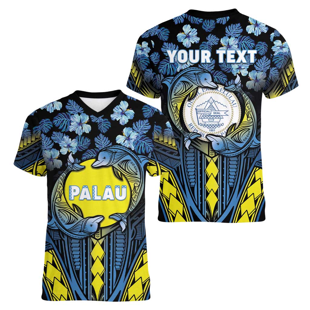Personalised Palau Women V-Neck T-Shirt Polynesian Dolphin Tropical Hibiscus Style