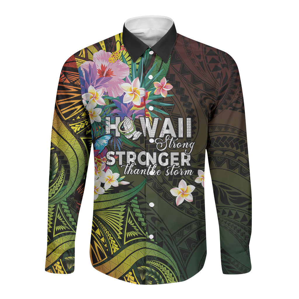 Hawaii Strong Long Sleeve Button Shirt Polynesian Tribal Tropical Flowers LT05 Unisex Black - Polynesian Pride