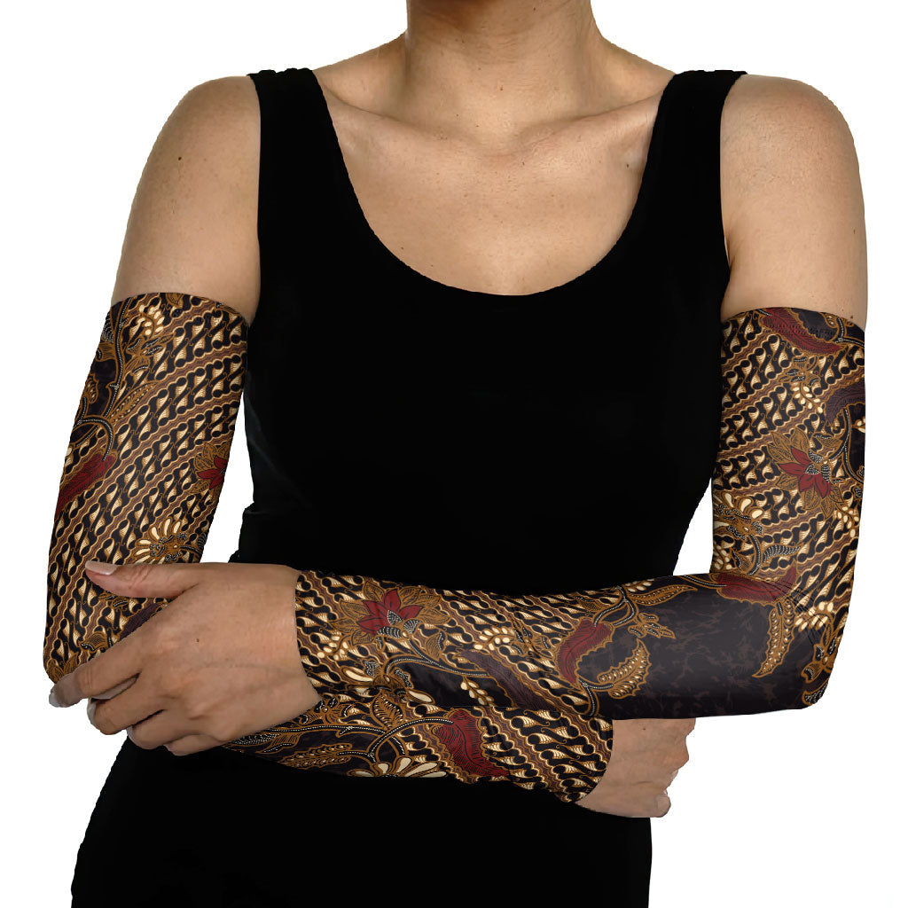 Indonesian Parang Batik Arm Sleeves Brown Gold Floral Pattern