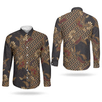 Indonesian Parang Batik Couples Matching Summer Maxi Dress and Long Sleeve Button Shirt Brown Gold Floral Pattern