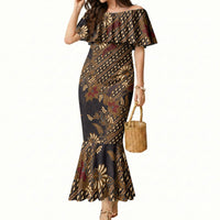 Indonesian Parang Batik Mermaid Dress Brown Gold Floral Pattern