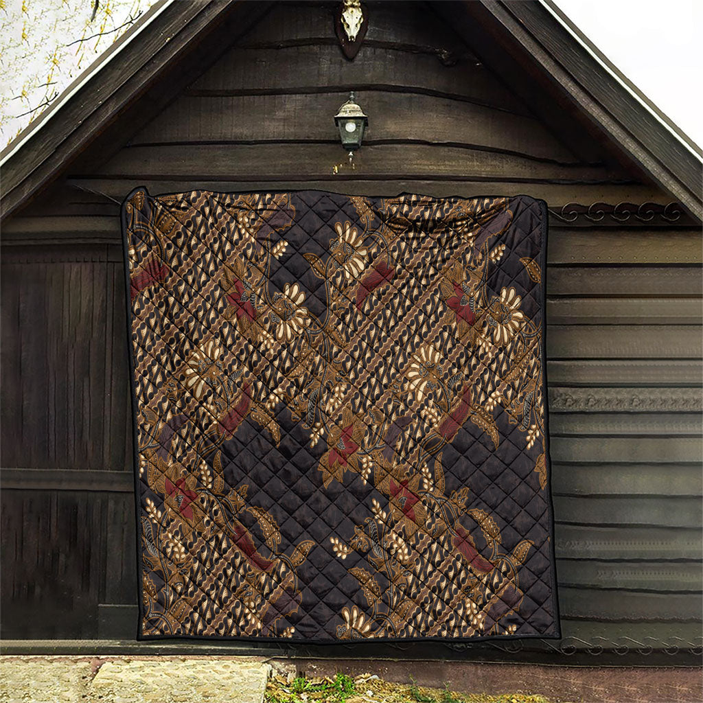 Indonesian Parang Batik Quilt Brown Gold Floral Pattern