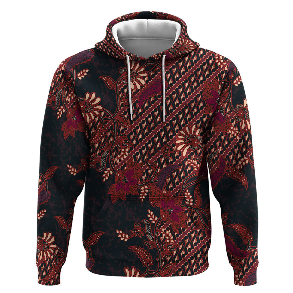 Indonesian Parang Batik Zip Hoodie Red Floral Pattern