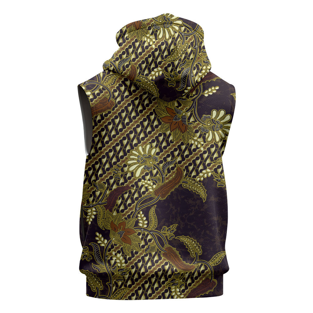 Indonesian Parang Batik Sleeveless Zip Hoodie Yellow Floral Pattern