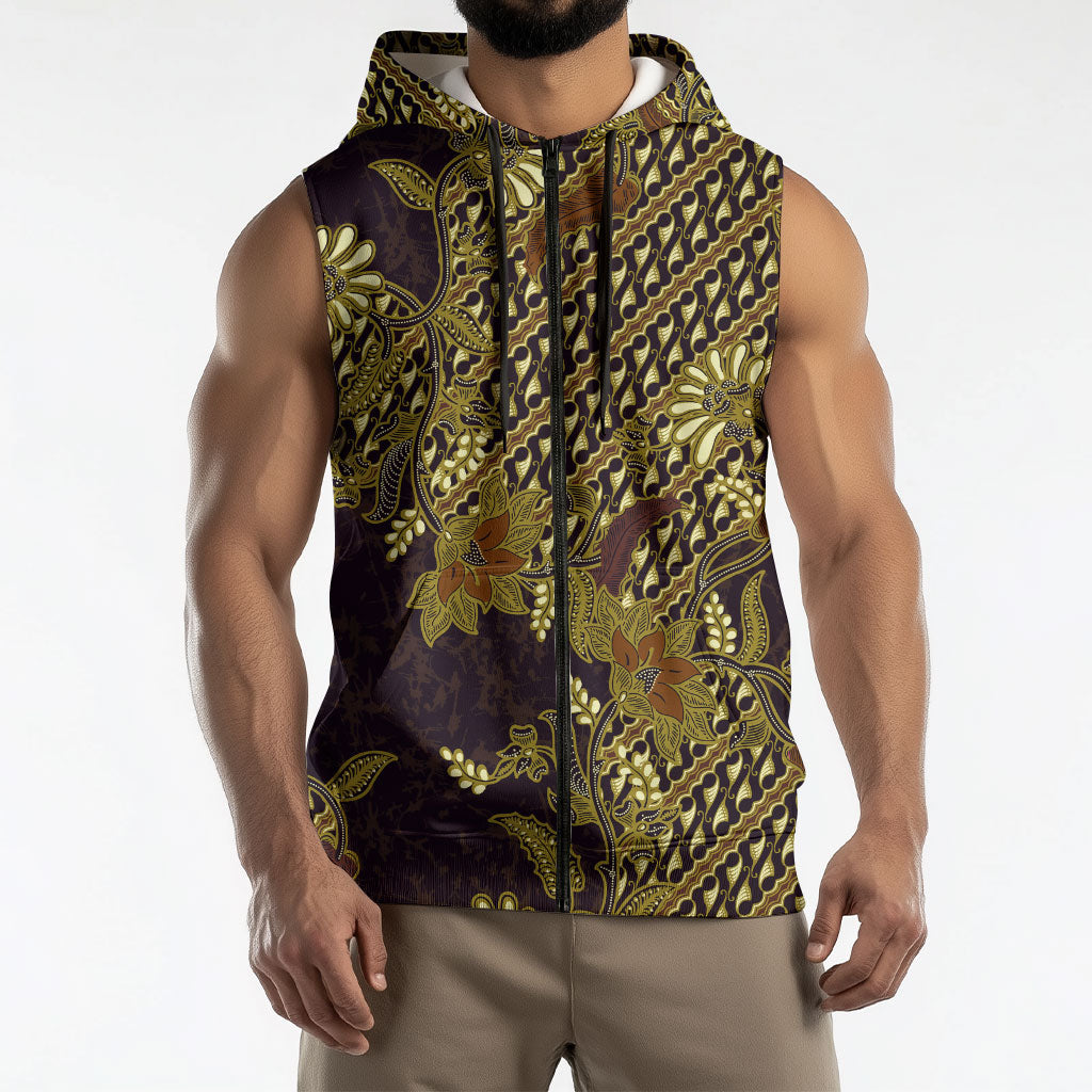 Indonesian Parang Batik Sleeveless Zip Hoodie Yellow Floral Pattern