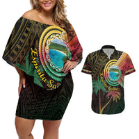 Vanuatu Espiritu Santo Island Couples Matching Off Shoulder Short Dress and Hawaiian Shirt Beach Landscape