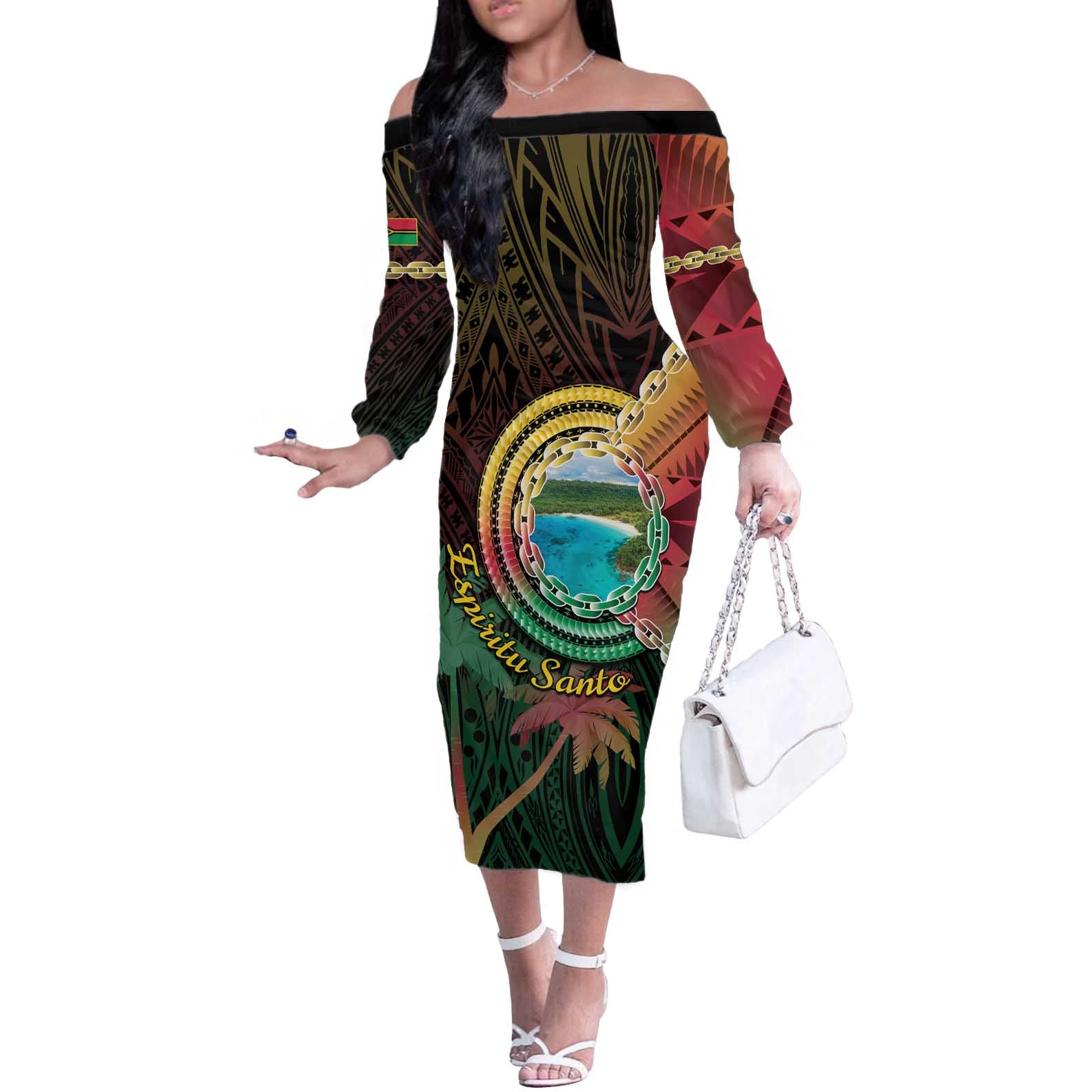 Vanuatu Espiritu Santo Island Off The Shoulder Long Sleeve Dress Beach Landscape