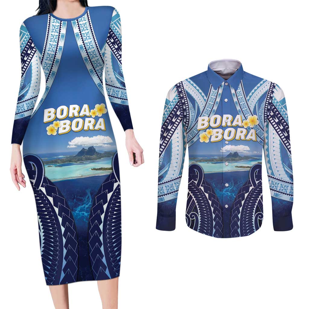 Personalised French Polynesia Bora Bora Couples Matching Long Sleeve Bodycon Dress and Long Sleeve Button Shirt Beach Landscape Polynesian Style LT05 Blue - Polynesian Pride