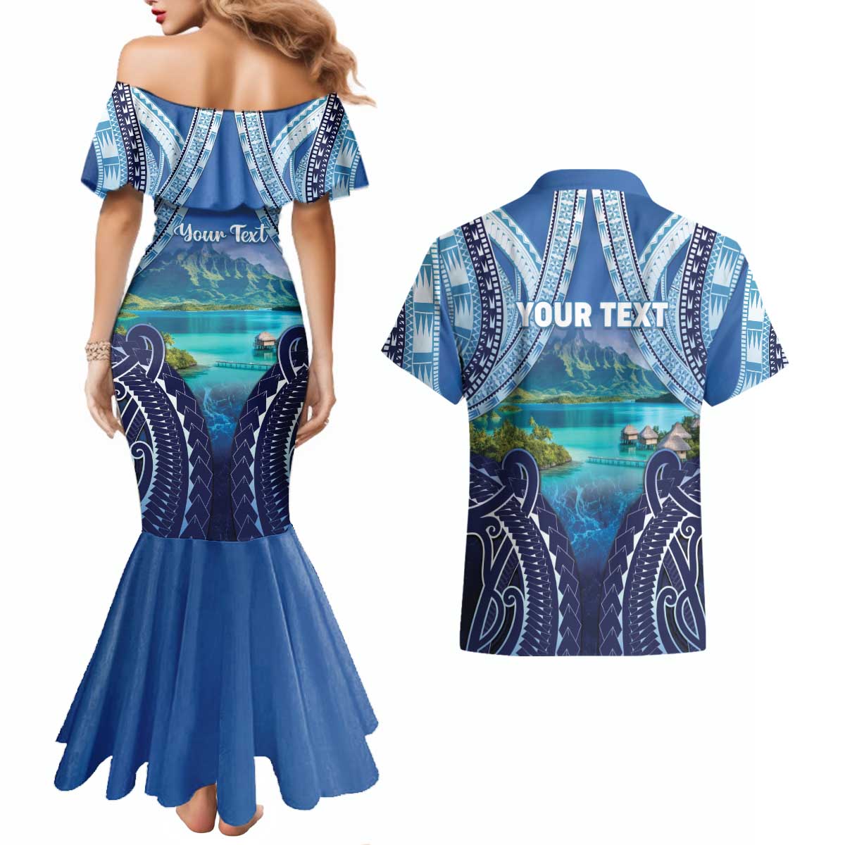 Personalised French Polynesia Bora Bora Couples Matching Mermaid Dress and Hawaiian Shirt Beach Landscape Polynesian Style LT05 - Polynesian Pride