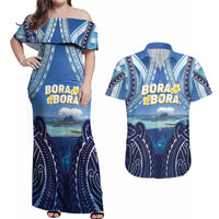 Personalised French Polynesia Bora Bora Couples Matching Off Shoulder Maxi Dress and Hawaiian Shirt Beach Landscape Polynesian Style LT05 Blue - Polynesian Pride