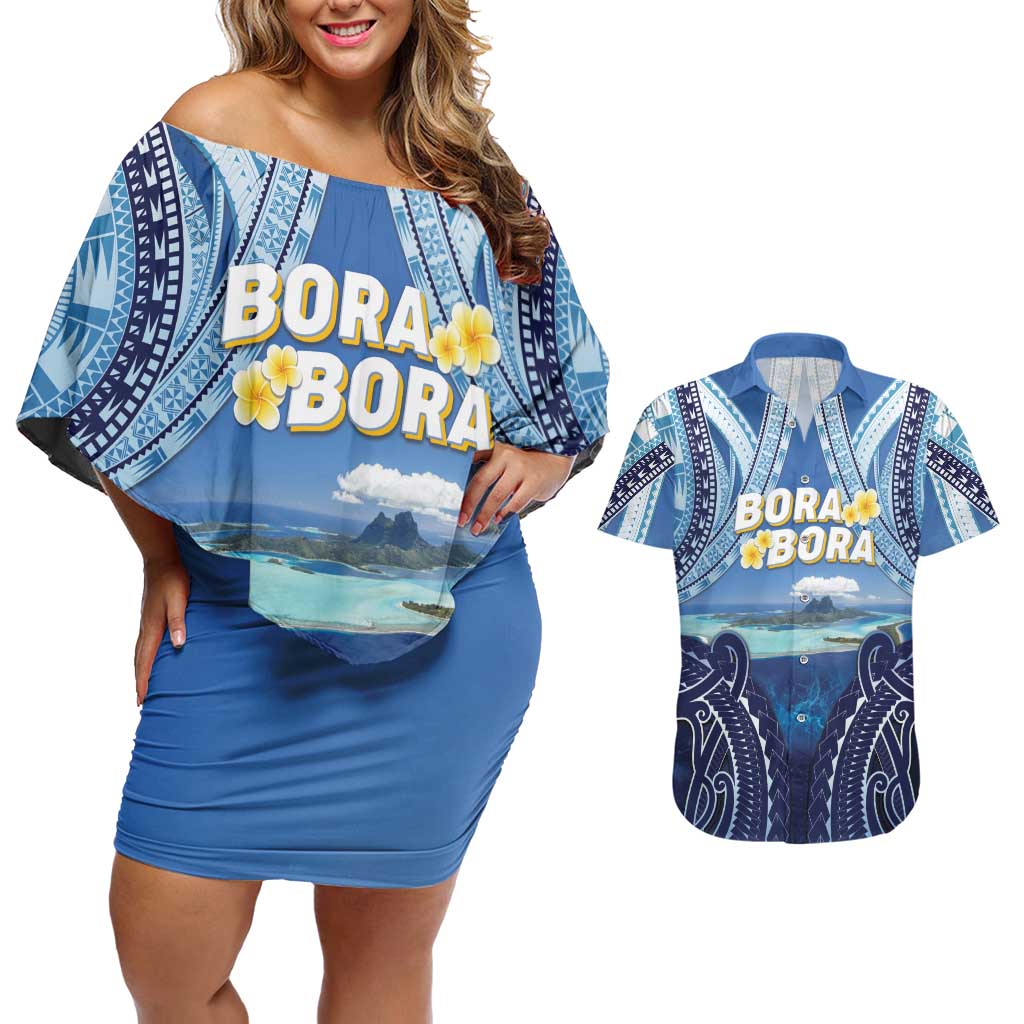 Personalised French Polynesia Bora Bora Couples Matching Off Shoulder Short Dress and Hawaiian Shirt Beach Landscape Polynesian Style LT05 Blue - Polynesian Pride