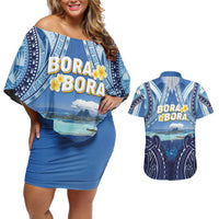 Personalised French Polynesia Bora Bora Couples Matching Off Shoulder Short Dress and Hawaiian Shirt Beach Landscape Polynesian Style LT05 Blue - Polynesian Pride