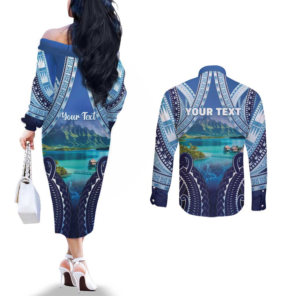 Personalised French Polynesia Bora Bora Couples Matching Off The Shoulder Long Sleeve Dress and Long Sleeve Button Shirt Beach Landscape Polynesian Style LT05 - Polynesian Pride