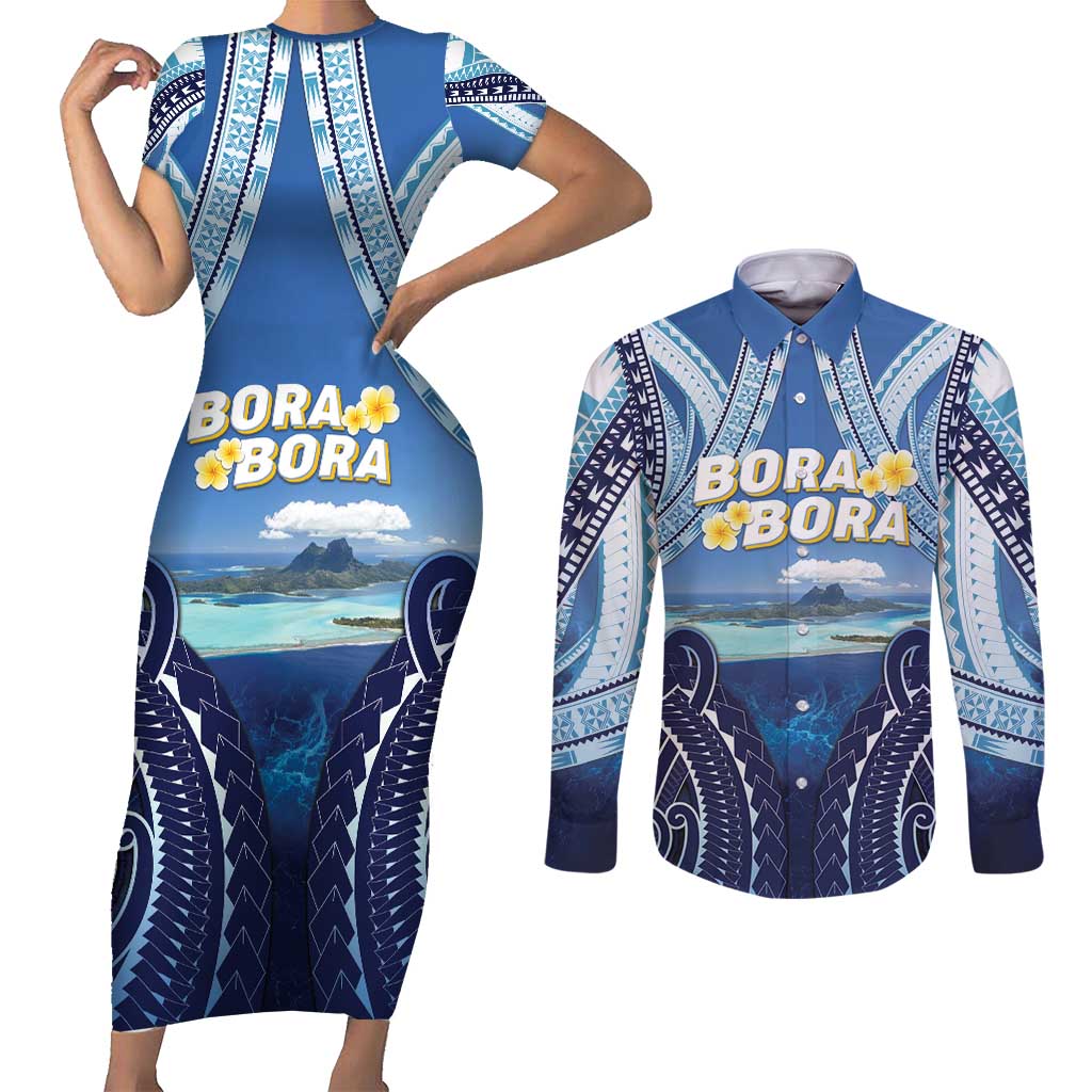 Personalised French Polynesia Bora Bora Couples Matching Short Sleeve Bodycon Dress and Long Sleeve Button Shirt Beach Landscape Polynesian Style LT05 Blue - Polynesian Pride