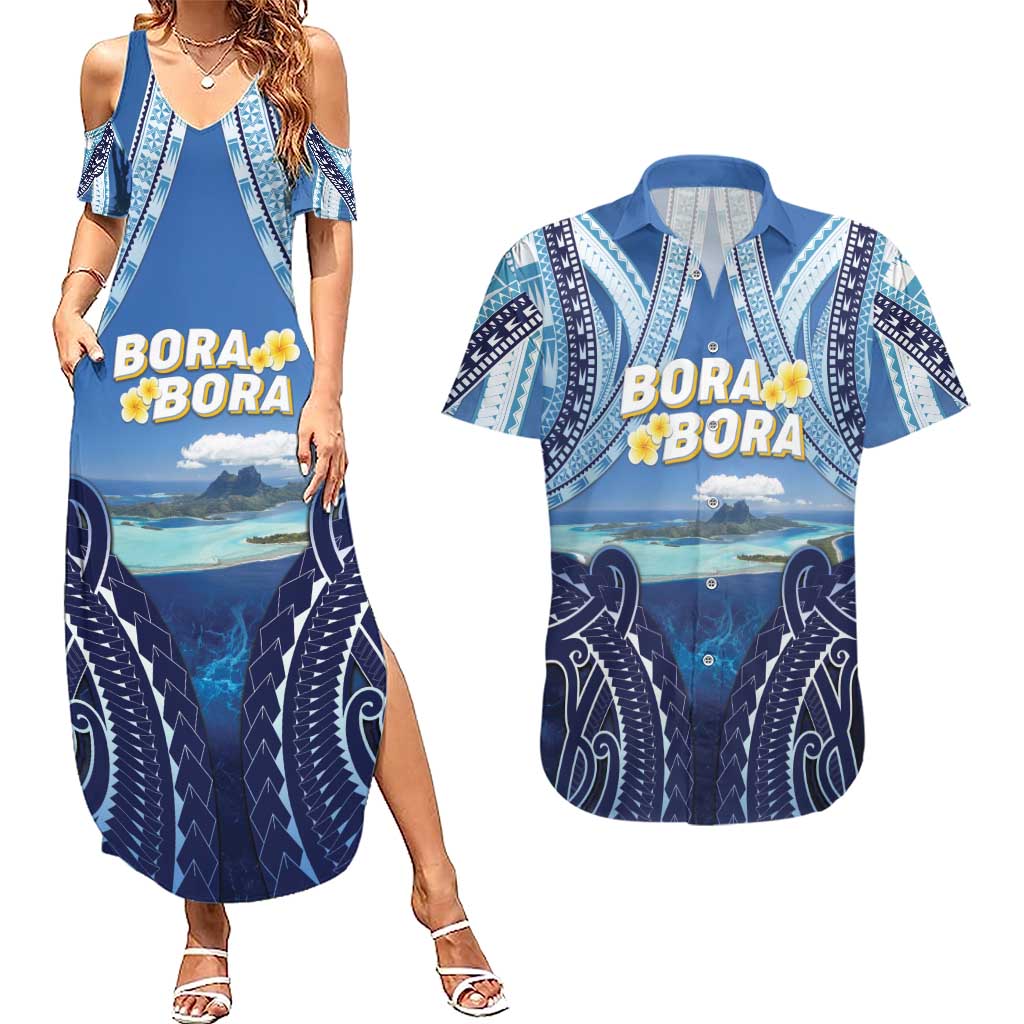 Personalised French Polynesia Bora Bora Couples Matching Summer Maxi Dress and Hawaiian Shirt Beach Landscape Polynesian Style LT05 Blue - Polynesian Pride