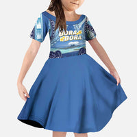 Personalised French Polynesia Bora Bora Family Matching Off Shoulder Maxi Dress and Hawaiian Shirt Beach Landscape Polynesian Style LT05 Daughter's Dress Blue - Polynesian Pride