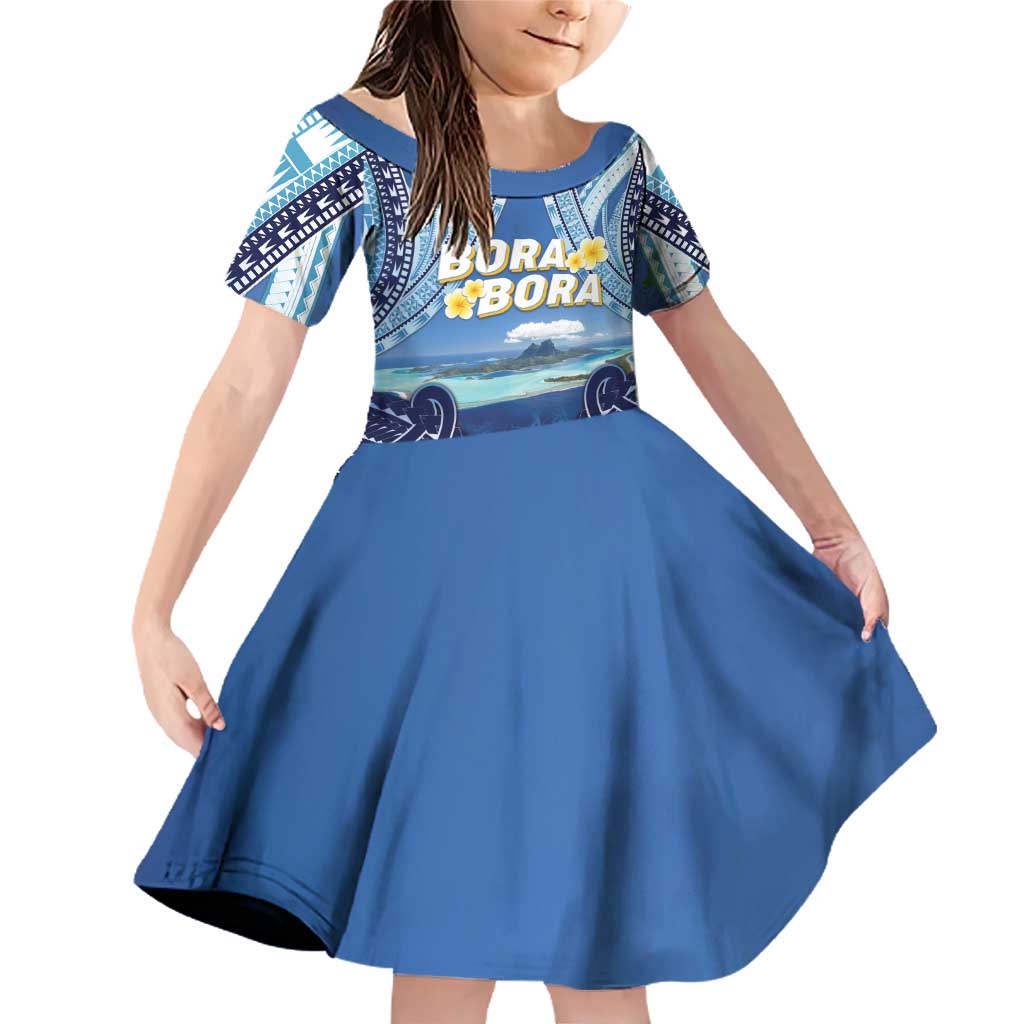 Personalised French Polynesia Bora Bora Family Matching Off Shoulder Short Dress and Hawaiian Shirt Beach Landscape Polynesian Style LT05 Daughter's Dress Blue - Polynesian Pride