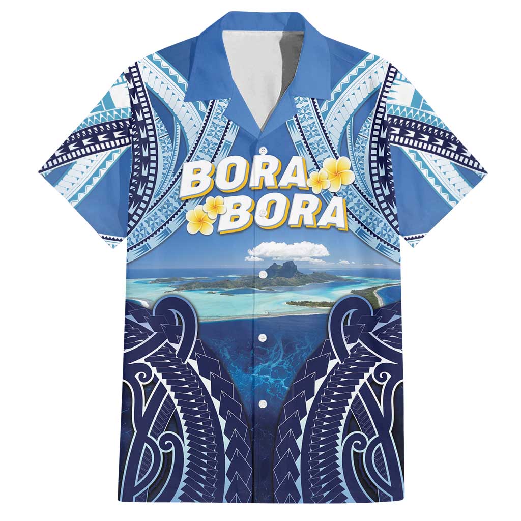 Personalised French Polynesia Bora Bora Family Matching Off Shoulder Short Dress and Hawaiian Shirt Beach Landscape Polynesian Style LT05 Dad's Shirt - Short Sleeve Blue - Polynesian Pride