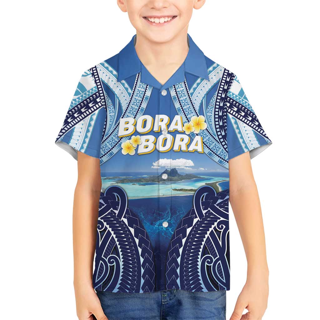 Personalised French Polynesia Bora Bora Family Matching Off Shoulder Short Dress and Hawaiian Shirt Beach Landscape Polynesian Style LT05 Son's Shirt Blue - Polynesian Pride