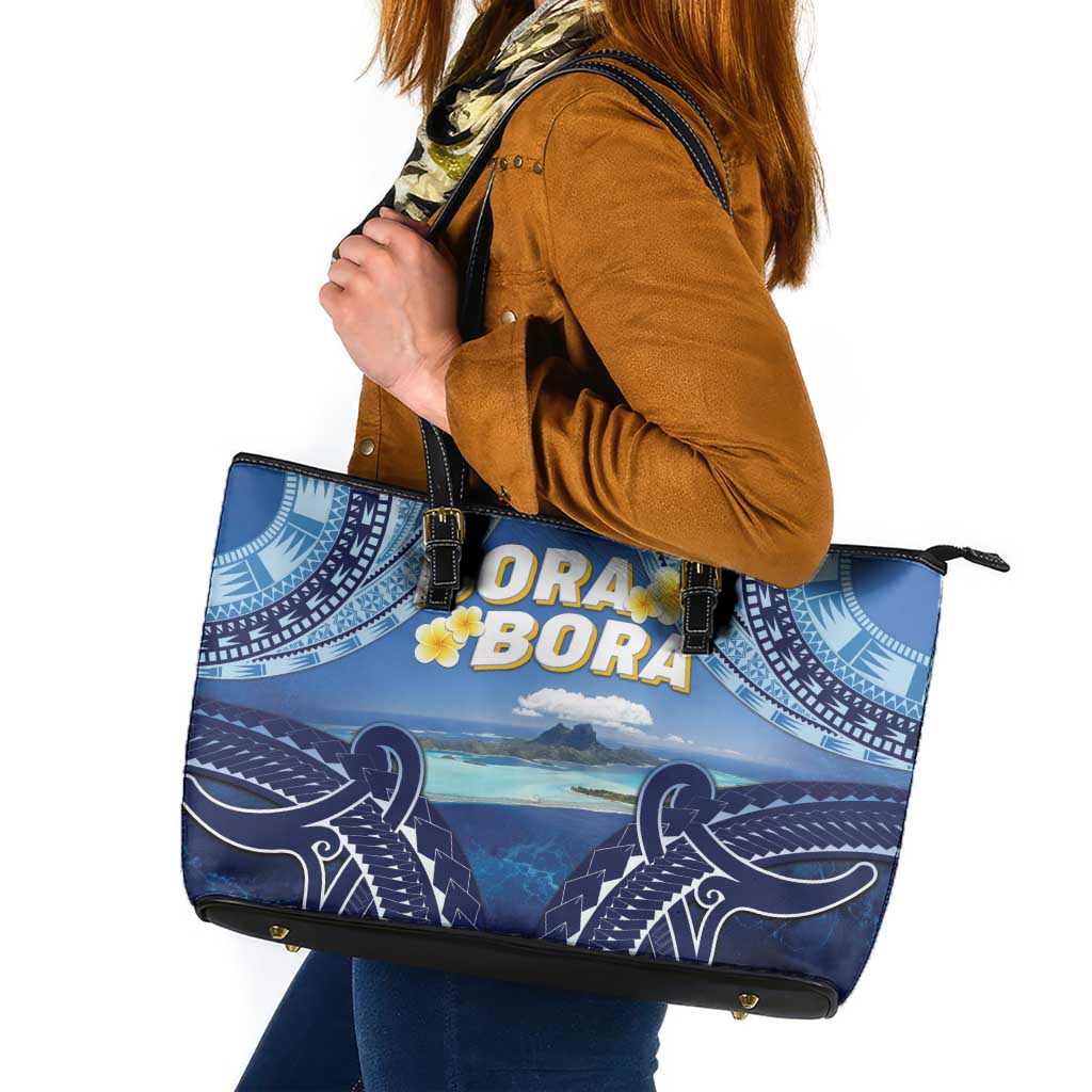 French Polynesia Bora Bora Leather Tote Bag Beach Landscape Polynesian Style LT05 Blue - Polynesian Pride