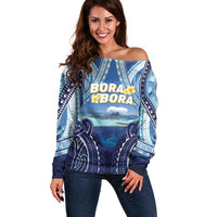 Personalised French Polynesia Bora Bora Off Shoulder Sweater Beach Landscape Polynesian Style LT05 Women Blue - Polynesian Pride